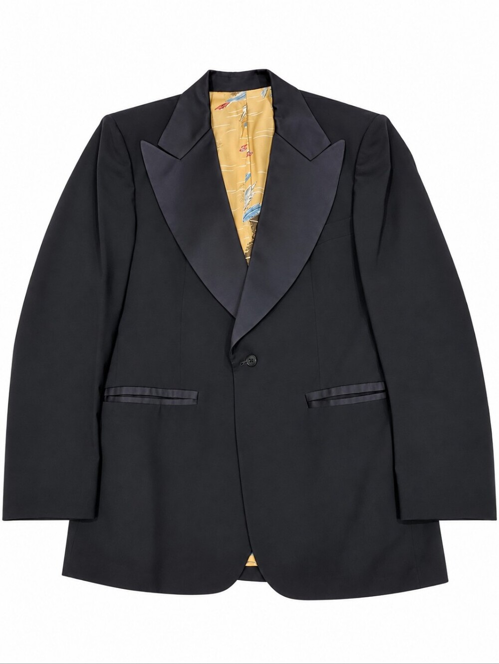 Bespoke Black Tuxedo Jacket 40R Statement Yellow Silk Feather Lining Peak Lapel